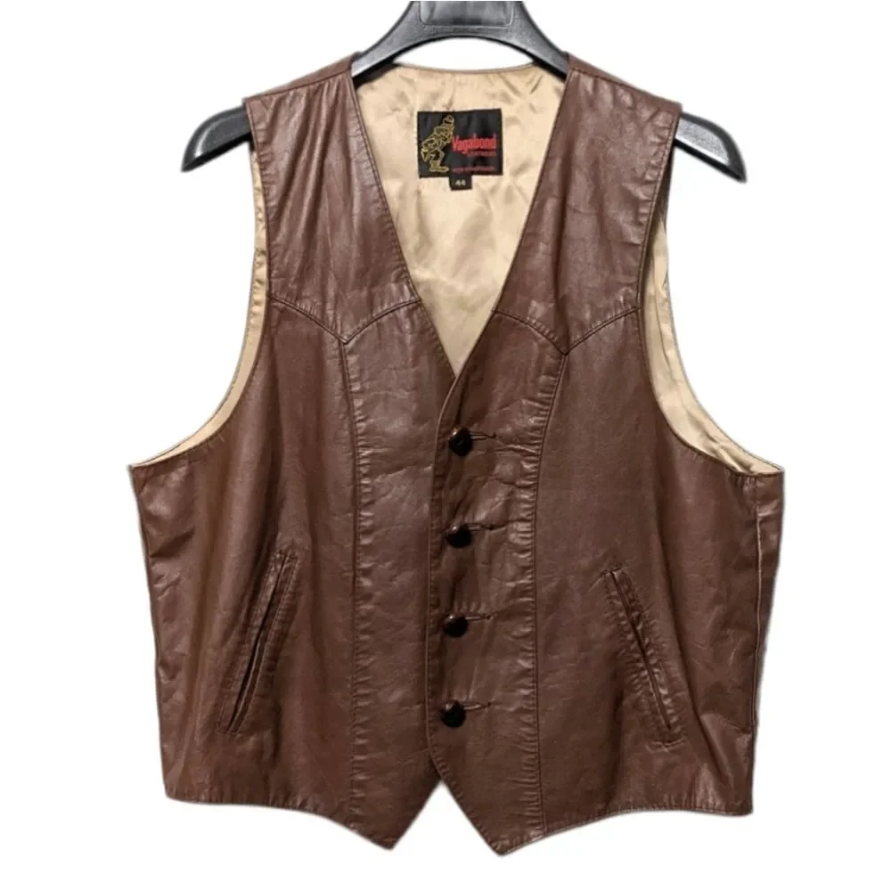 VINTAGE Vagabond Brown Leather Button Vest XL